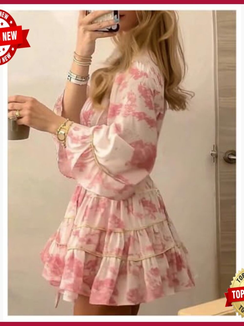 Floral Ruffle Mini Dress 3/4 Sleeve V Neck Boho Casual Vacation Wear - Picture 2 of 5